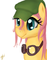 Size: 900x1150 | Tagged: safe, artist:genbulein, fluttershy, pegasus, pony, bust, colored pupils, goggles, hat, messy hair, simple background, solo, transparent background