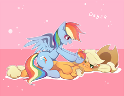 Size: 1280x1000 | Tagged: safe, artist:irenla, derpibooru import, applejack, rainbow dash, earth pony, pegasus, pony, annoyed, appledash, cowboy hat, duo, female, hat, lesbian, mare, shipping, simple background, smiling, stetson, toy