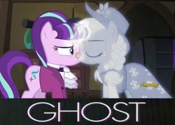 Size: 600x430 | Tagged: safe, edit, edited screencap, screencap, applejack, snowfall frost, spirit of hearth's warming past, starlight glimmer, earth pony, ghost, pony, a hearth's warming tail, discovery family logo, ghost (movie), glimmerjack, kissing, meme, shipping