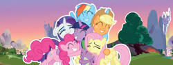 Size: 828x315 | Tagged: safe, derpibooru import, applejack, fluttershy, pinkie pie, rainbow dash, rarity, spike, twilight sparkle, twilight sparkle (alicorn), alicorn, dragon, earth pony, pegasus, pony, unicorn, mane seven, mane six, official