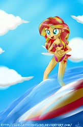 Size: 3000x4598 | Tagged: safe, artist:vixelzf, sunset shimmer, equestria girls, belly button, bikini, clothes, solo, surfboard, surfing, swimsuit