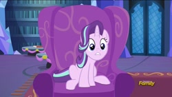 Size: 1008x567 | Tagged: safe, screencap, starlight glimmer, pony, unicorn, a hearth's warming tail, discovery family logo, hypocrisy, sitting, solo