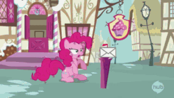 Size: 640x360 | Tagged: safe, edit, edited screencap, screencap, pinkie pie, earth pony, pony, wonderbolts academy, animated, bipedal, bipedal leaning, eyes closed, female, floppy ears, frown, gritted teeth, hub logo, leaning, lidded eyes, mare, messy mane, reddit, sad, solo