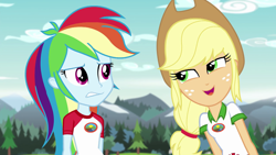 Size: 1280x720 | Tagged: safe, derpibooru import, screencap, applejack, rainbow dash, equestria girls, legend of everfree, camp everfree outfits, clothes, cowboy hat, freckles, hat, open mouth, scenery, stetson