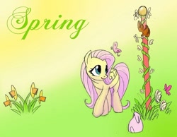 Size: 660x513 | Tagged: safe, artist:enolianslave, fluttershy, bird, butterfly, pegasus, pony, rabbit, flower, folded wings, raised hoof, solo, spring