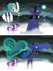 Size: 1440x1920 | Tagged: safe, artist:zoarvek, princess celestia, princess luna, snowfall frost, starlight glimmer, alicorn, pony, a hearth's warming tail, cloak, clothes, long legs, luna is not amused, spirit of hearth's warming yet to come, unamused