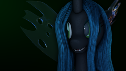 Size: 2560x1440 | Tagged: safe, artist:thelunagames, queen chrysalis, changeling, changeling queen, 3d, cinema 4d, female, open mouth, simple background, smiling, solo