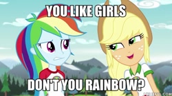 Size: 600x337 | Tagged: safe, derpibooru import, edit, edited screencap, screencap, applejack, rainbow dash, equestria girls, legend of everfree, duo, female, image macro, implied lesbian, just one bite, meme, smiling, smirk, spongebob squarepants