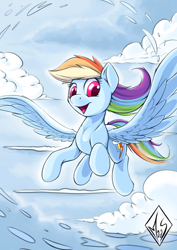 Size: 1240x1748 | Tagged: safe, artist:sea-maas, derpibooru import, rainbow dash, pegasus, pony, female, flying, happy, mare, sky, smiling, solo