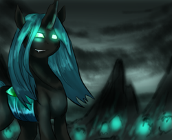 Size: 1051x854 | Tagged: dead source, safe, artist:not-ordinary-pony, queen chrysalis, changeling, changeling queen, evil grin, fangs, glowing eyes, grin, looking at you, mountain, smiling, solo