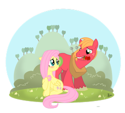 Size: 800x725 | Tagged: safe, artist:thephoebster, big macintosh, fluttershy, earth pony, pegasus, pony, blushing, flower, flower in mouth, fluttermac, male, mouth hold, rose, shipping, simple background, stallion, straight, transparent background, unshorn fetlocks