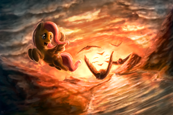 Size: 1620x1080 | Tagged: safe, artist:assasinmonkey, fluttershy, bird, pegasus, pony, cloud, cloudy, female, flying, mare, open mouth, outdoors, scenery, sky, smiling, solo, spread wings, sunset, water, wings