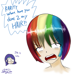 Size: 1200x1200 | Tagged: safe, artist:linlaifeng, derpibooru import, rainbow dash, rarity, human, equestria girls, alternate hairstyle, angry, anime, derp, female, funny, haircut, humanized, multicolored hair, short hair, simple background