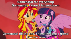 Size: 1280x714 | Tagged: safe, edit, edited screencap, screencap, sunset shimmer, twilight sparkle, twilight sparkle (alicorn), alicorn, equestria girls, rainbow rocks, gomenasai, gratuitous japanese, japanese, microphone, ponied up, song reference, tatu