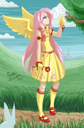 Size: 600x916 | Tagged: safe, artist:satrathai, fluttershy, clothes, dress, humanized, winged humanization