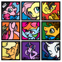 Size: 1300x1300 | Tagged: safe, artist:mrasianhappydude, derpibooru import, applejack, boneless, cheese sandwich, fluttershy, pinkie pie, rainbow dash, rarity, twilight sparkle, twilight sparkle (alicorn), alicorn, earth pony, pegasus, pony, unicorn, female, mane six, mare