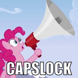 Size: 720x720 | Tagged: safe, pinkie pie, earth pony, pony, wonderbolts academy, caps lock, caption, image macro