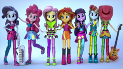 Size: 3840x2160 | Tagged: safe, artist:creatorofpony, artist:efk-san, derpibooru import, applejack, fluttershy, pinkie pie, rainbow dash, rarity, sunset shimmer, twilight sparkle, equestria girls, rainbow rocks, 3d, bass guitar, blender, clothes, high res, humane five, humane seven, humane six, keytar, microphone, musical instrument, rainbow rocks outfit, sleeveless, tambourine