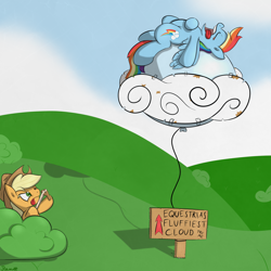 Size: 3000x3000 | Tagged: safe, artist:ramott, derpibooru import, part of a set, applejack, rainbow dash, earth pony, pegasus, pony, balloon, balloon popping, bush, cloud, cloudy, prank, sign, sleeping, slingshot, this will end in tears, this will not end well