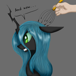 Size: 1000x1000 | Tagged: safe, artist:ruanshi, queen chrysalis, changeling, human, dialogue, former queen chrysalis, gray background, hand, head scratch, scratcher, simple background, solo, this will end in tears and/or death