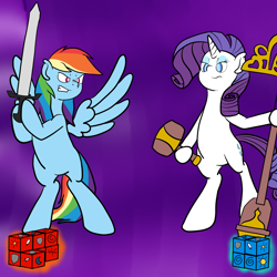 Size: 2500x2500 | Tagged: safe, artist:bennimarru, derpibooru import, rainbow dash, rarity, pegasus, pony, unicorn, armello, dice, female, fight, game, hammer, mare, staff, sword, weapon