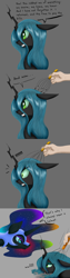 Size: 1000x4000 | Tagged: safe, artist:ruanshi, nightmare moon, queen chrysalis, alicorn, changeling, changeling queen, human, pony, female, hand, head massager, lidded eyes, massage, moaning, relaxed, simple background, tongue out