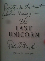 Size: 1200x1600 | Tagged: safe, rarity, autograph, celebrity, irl, meta, peter s. beagle, photo, text, the last unicorn