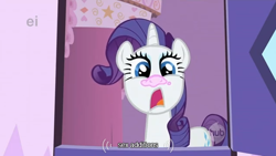 Size: 634x358 | Tagged: safe, screencap, rarity, pony, unicorn, griffon the brush off, cute, ei, hub logo, sneezing, sneezing powder, solo, youtube caption