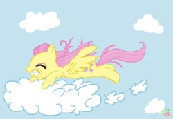 Size: 1186x819 | Tagged: safe, artist:licoricebunny, fluttershy, pegasus, pony, cloud, eyes closed, female, flying, gritted teeth, mare, sky, solo, spread wings, wings