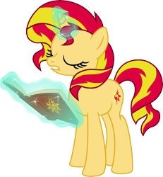 Size: 6183x6703 | Tagged: safe, artist:lunarina, sunset shimmer, pony, unicorn, absurd resolution, book, journey book, magic, simple background, solo, transparent background, vector