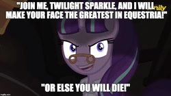 Size: 888x499 | Tagged: safe, edit, edited screencap, screencap, snowfall frost, starlight glimmer, pony, unicorn, a hearth's warming tail, cd-i, female, ganon, glasses, image macro, mare, meme, pince-nez, the legend of zelda, youtube poop