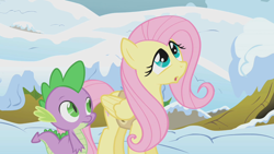 Size: 1280x720 | Tagged: safe, screencap, fluttershy, spike, dragon, pegasus, pony, winter wrap up, baby, baby dragon