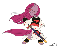 Size: 1800x1434 | Tagged: safe, artist:falord, artist:johnjoseco, edit, pinkie pie, earth pony, pony, baiken, colored, crossover, guilty gear, pinkamena diane pie