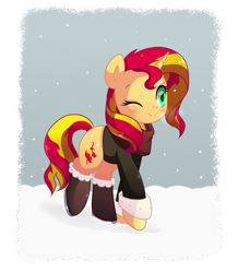 Size: 903x1034 | Tagged: safe, artist:hikariviny, sunset shimmer, pony, unicorn, clothes, snow, snowfall, solo, winter outfit