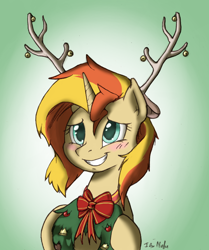 Size: 710x850 | Tagged: safe, artist:i am nude, sunset shimmer, pony, unicorn, ambiguous facial structure, antlers, blushing, christmas, colored pupils, cute, reindeer antlers, shimmerbetes, smiling, solo, wreath