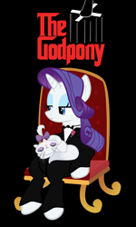 Size: 6000x10000 | Tagged: safe, artist:gen-jack-oneill, opalescence, rarity, pony, unicorn, absurd resolution, bipedal, black background, chair, clothes, duo, parody, pet, simple background, sitting, suit, the godfather, vector