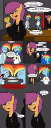 Size: 2560x6395 | Tagged: safe, artist:7thdementia, derpibooru import, rainbow dash, scootaloo, pegasus, pony, fanfic:rainbow factory, ask factory scootaloo, clothes, comic, eyepatch, factory scootaloo, goblet, lab coat, offscreen character, rainbow factory dash, serious rainbow, vulgar