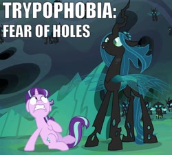 Size: 572x518 | Tagged: safe, edit, edited screencap, screencap, queen chrysalis, starlight glimmer, thorax, changeling, changeling queen, pony, unicorn, to where and back again, caption, changeling guard, changeling officer, duo focus, faic, fangs, floating, floppy ears, frown, gritted teeth, image macro, looking up, meme, nose wrinkle, phobia, raised hoof, raised leg, scared, scrunchy face, sitting, spread wings, trypophobia