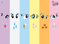 Size: 1600x1200 | Tagged: safe, derpibooru import, applejack, fluttershy, pinkie pie, rainbow dash, rarity, twilight sparkle, earth pony, pegasus, pony, unicorn, cutie mark, mane six, mlp club, my little pony logo, official, wallpaper