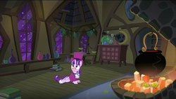 Size: 1920x1080 | Tagged: safe, screencap, snowfall frost, starlight glimmer, pony, unicorn, a hearth's warming tail, dapper, discovery family logo, glasses, hat, sitting, solo