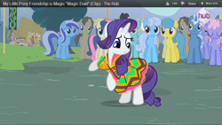 Size: 1920x1080 | Tagged: safe, screencap, bon bon, cherry cola, cherry fizzy, coco crusoe, doctor whooves, lemon hearts, linky, lyra heartstrings, minuette, pokey pierce, rainbowshine, rarity, shoeshine, sweetie drops, pony, unicorn, magic duel, clothes, dress, hub logo, youtube