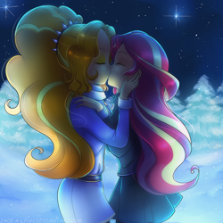 Size: 2222x2222 | Tagged: safe, artist:jacky-bunny, adagio dazzle, sunset shimmer, equestria girls, rainbow rocks, female, humanized, kissing, lesbian, shipping, snow, snowfall, sunsagio, winter