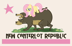 Size: 1000x647 | Tagged: safe, artist:pixelkitties, fluttershy, bear, pegasus, pony, fallout, fallout: new vegas, flag, parody