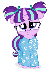 Size: 1876x2581 | Tagged: safe, artist:an-tonio, artist:lord waite, starlight glimmer, pony, unicorn, clothes, colored, cute, female, filly, filly starlight glimmer, glimmerbetes, pajamas, pigtails, sad, solo, younger