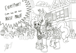 Size: 2169x1521 | Tagged: safe, artist:bhiggo, derpy hooves, pinkie pie, oc, pegasus, pony, blackjack, chaos space marine, crossover, doom siren, female, mare, monochrome, noise marine, slaanesh, this will end in tears, traditional art, warhammer (game), warhammer 40k