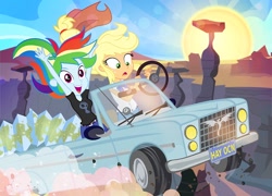 Size: 900x648 | Tagged: safe, artist:pixelkitties, derpibooru import, applejack, rainbow dash, phoenix, equestria girls, 8 ball, ashleigh ball, canyon, car, clothes, convertible, cowboy hat, desert, duo, female, grand canyon, hat, hey ocean, hey ocean!, license plate, logo, map, parody, pixelkitties' brilliant autograph media artwork, road trip, steering wheel, stetson, symbol, thelma and louise, this will not end well