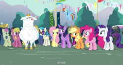 Size: 1152x609 | Tagged: safe, derpibooru import, screencap, applejack, bon bon, bulk biceps, dj pon-3, fluttershy, pinkie pie, rainbow dash, rarity, sweetie drops, twilight sparkle, twilight sparkle (alicorn), vinyl scratch, alicorn, earth pony, pegasus, pony, unicorn, simple ways, female, mane six, mare, meme, youtube caption