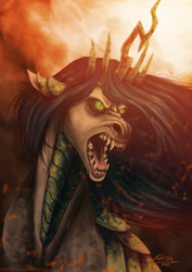 Size: 1485x2100 | Tagged: safe, artist:zubirus, queen chrysalis, changeling, changeling queen, open mouth, solo