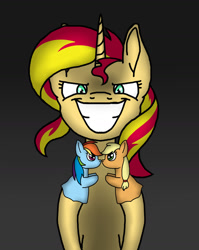 Size: 1024x1289 | Tagged: safe, artist:margo24, derpibooru import, applejack, rainbow dash, sunset shimmer, earth pony, pegasus, pony, appledash, evil grin, female, grin, hand puppet, lesbian, now kiss, pure unfiltered evil, shipper on deck, shipping, smiling, solo, sunset shipper