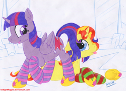 Size: 1246x900 | Tagged: safe, artist:foxxy-arts, sunset shimmer, twilight sparkle, twilight sparkle (alicorn), alicorn, pony, unicorn, clothes, shoes, socks, sockset shimmer, striped socks, tongue out, traditional art